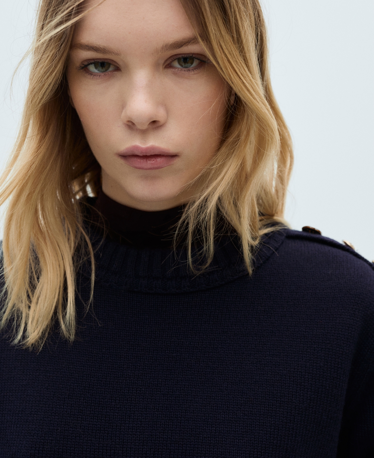 Mango Button Shoulder Mock Neck Sweater In Blue