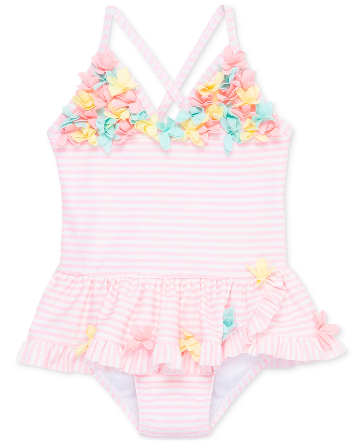 Little Me Baby Girls Floral-trim Striped One-piece Swimsuit In Bright Pink