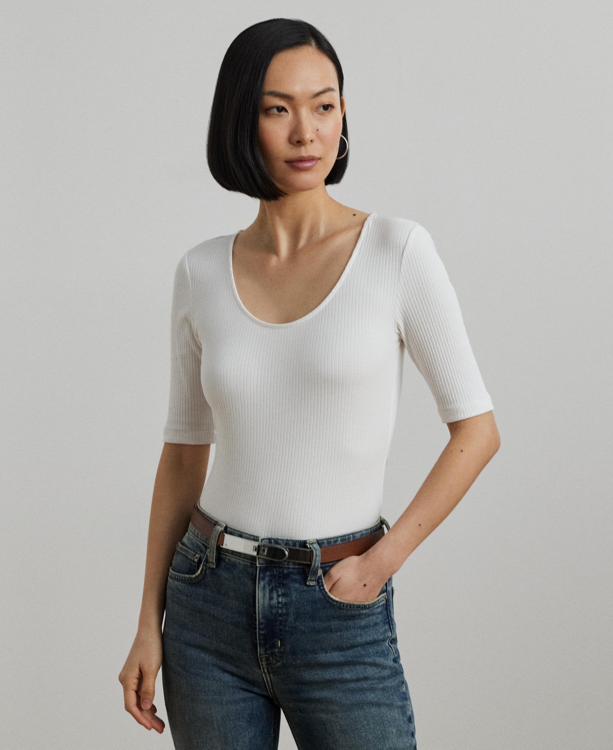 Shop Ralph Lauren Women's Rib-knit Cotton-blend Elbow-sleeve Tee In White