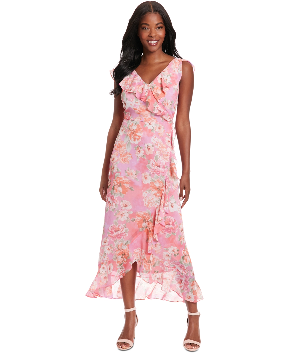 Petite Short-Sleeve Chiffon Maxi Dress - Pink Multi
