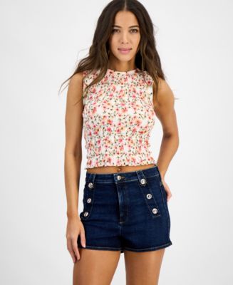 GUESS Women's Claire Floral-Print Cropped Smocked Top - Macy's