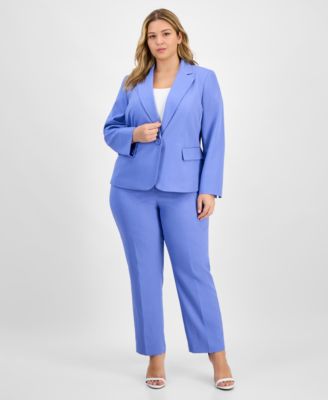 Plus Size Pinstriped Notch-Collar One-Button Jacket & Straight-Leg Mid-Rise Pants Set