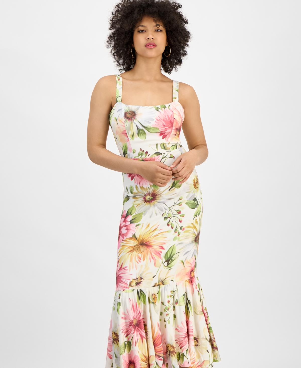 Guess Fleur Print Ruffle Hem Midi Dress In Painted Daisies Print
