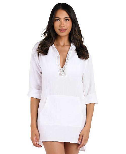alfani La Blanca Women's Seaside Hoodie with Kangaroo Pocket & Crochet Edging Detail Cover-Up Women's Fashion Shoes & Accessories