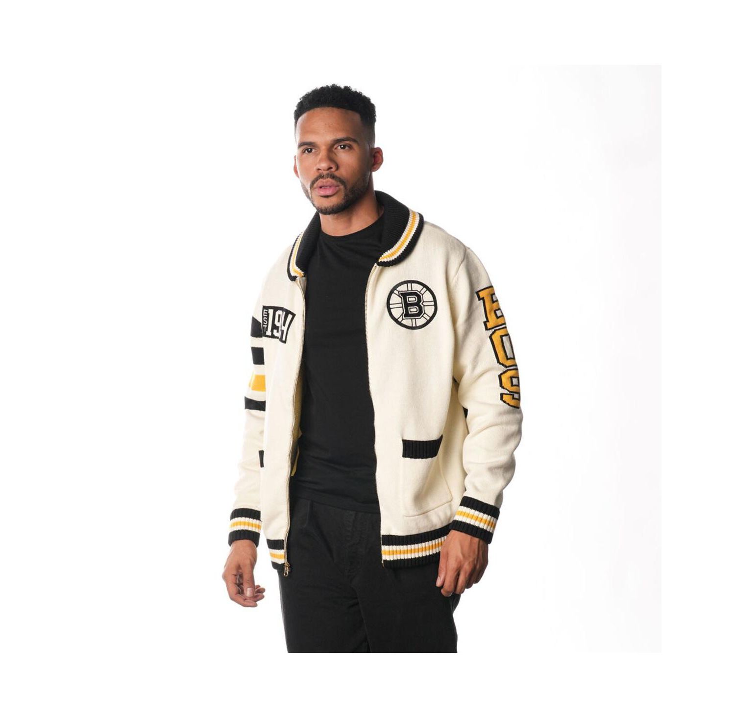 Men's and Women's Cream Boston Bruins Jacquard Full-Zip Sweater