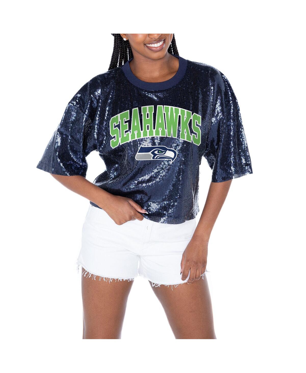 Women's College Navy Seattle Seahawks Rise Up Sequin Cropped T-Shirt - College Navy