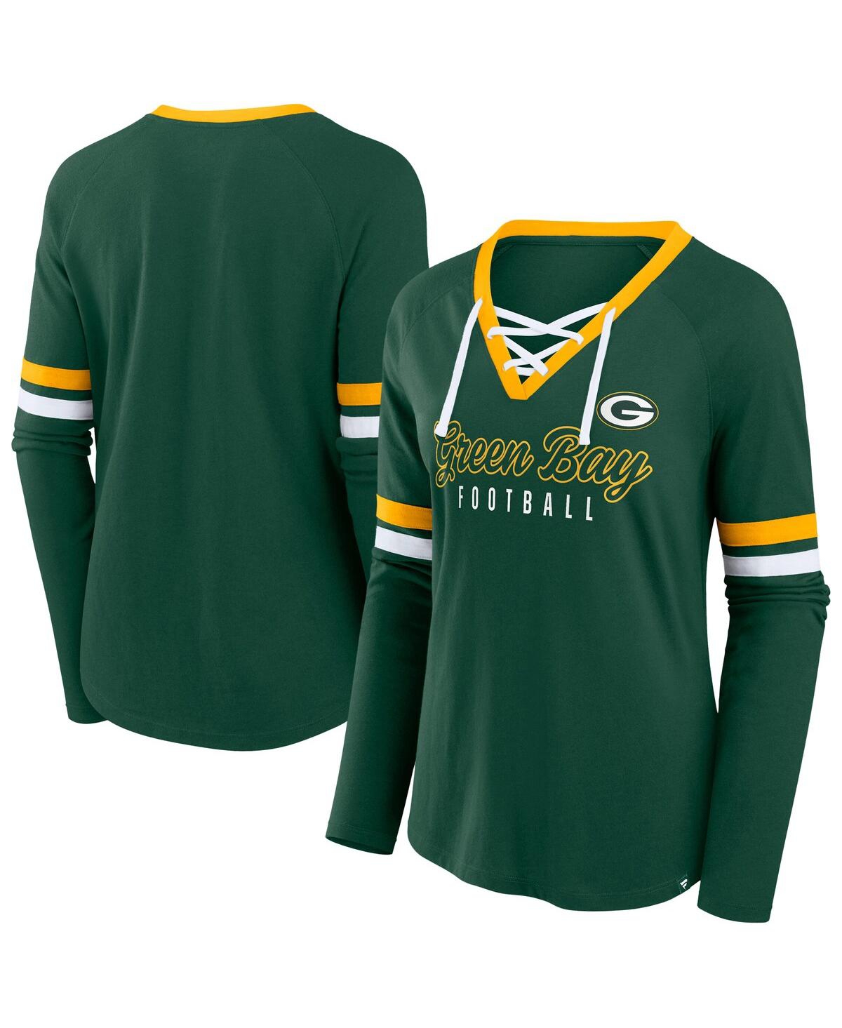 Fanatics Women's Green Green Bay Packers Plus Size Won Done Lace-up V-neck Long Sleeve T-shirt In Green