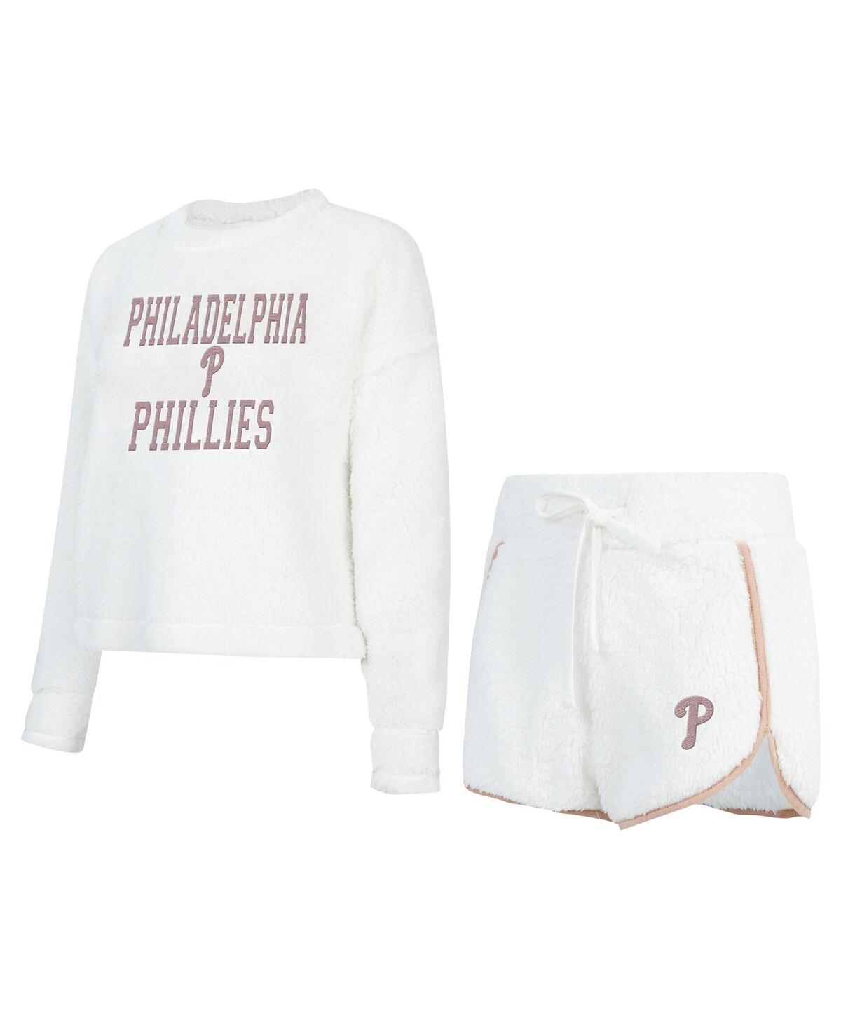 Women's White Philadelphia Phillies Painter Sherpa Long Sleeve T-Shirt Short Set - White