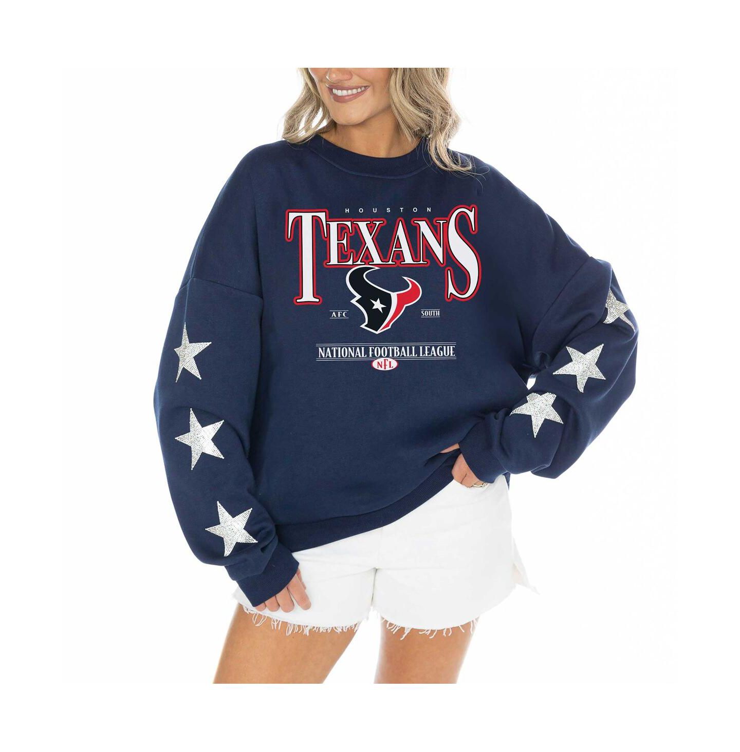 Женский свитер Gameday Couture Navy Houston Texans Rhinestone Star Sleeve Settle the Score Tri-Blend Pullover — фото 5