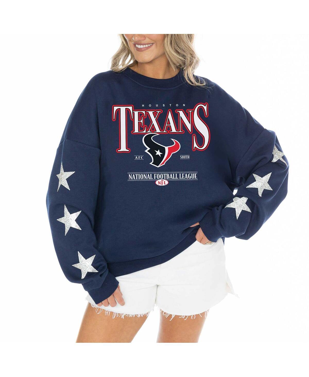 Shop Gameday Couture Women's Navy Houston Texans Rhinestone Star Sleeve Settle The Score Tri-blend Pullover