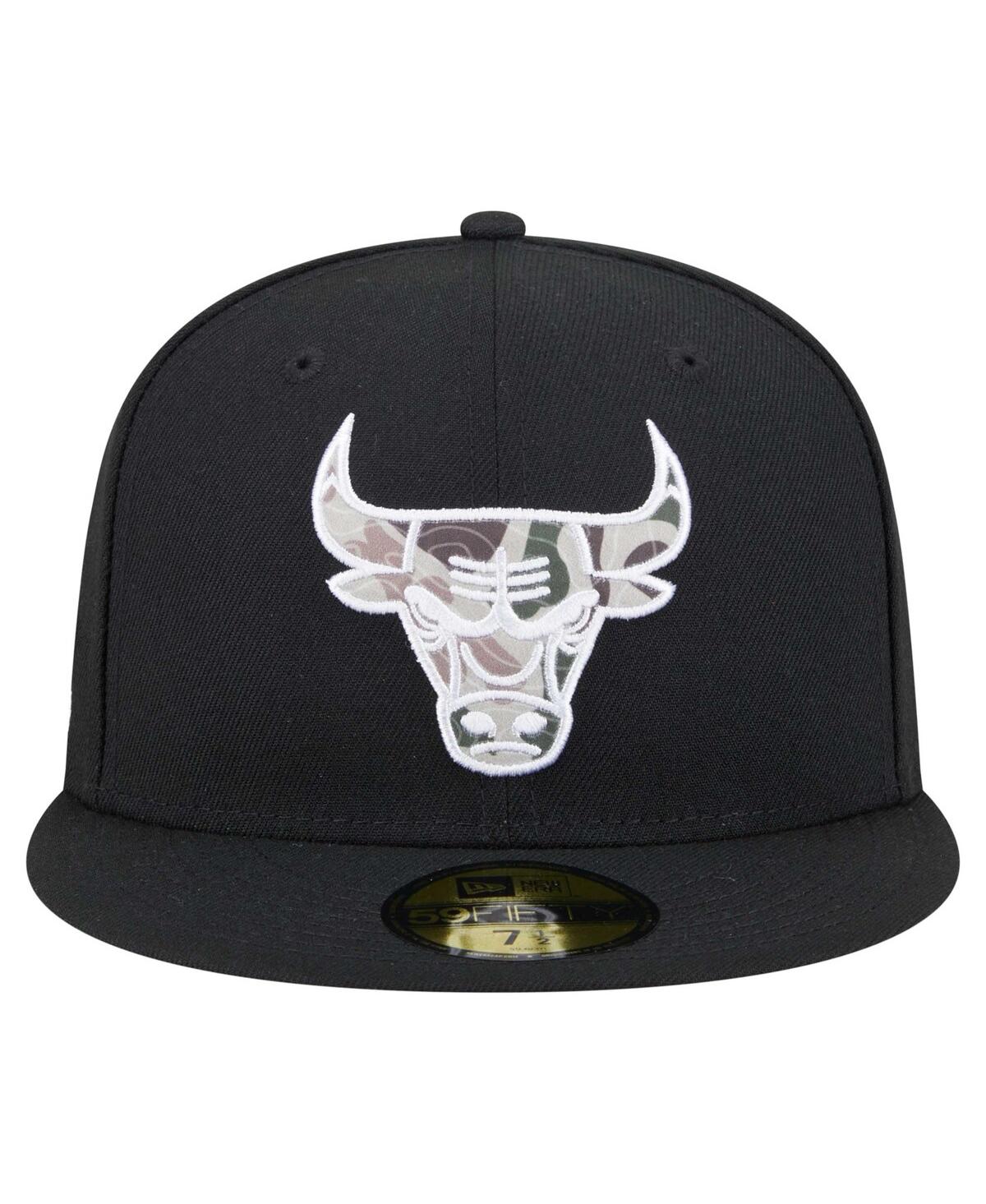 New Era Men's Black Chicago Bulls Camo Print Uv 59fifty Fitted Hat In Black