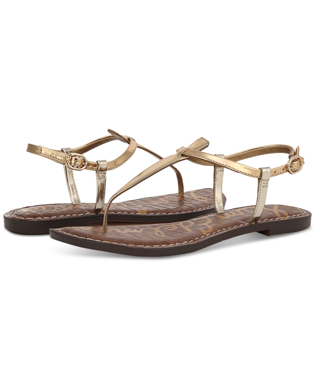 Sam Edelman Gigi Womens Leather Slingback T-strap Sandals In Amber Gold Metallic Faux Leather