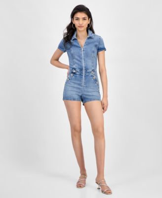 GUESS - Women's Janae Collared Zip-Front Denim Romper