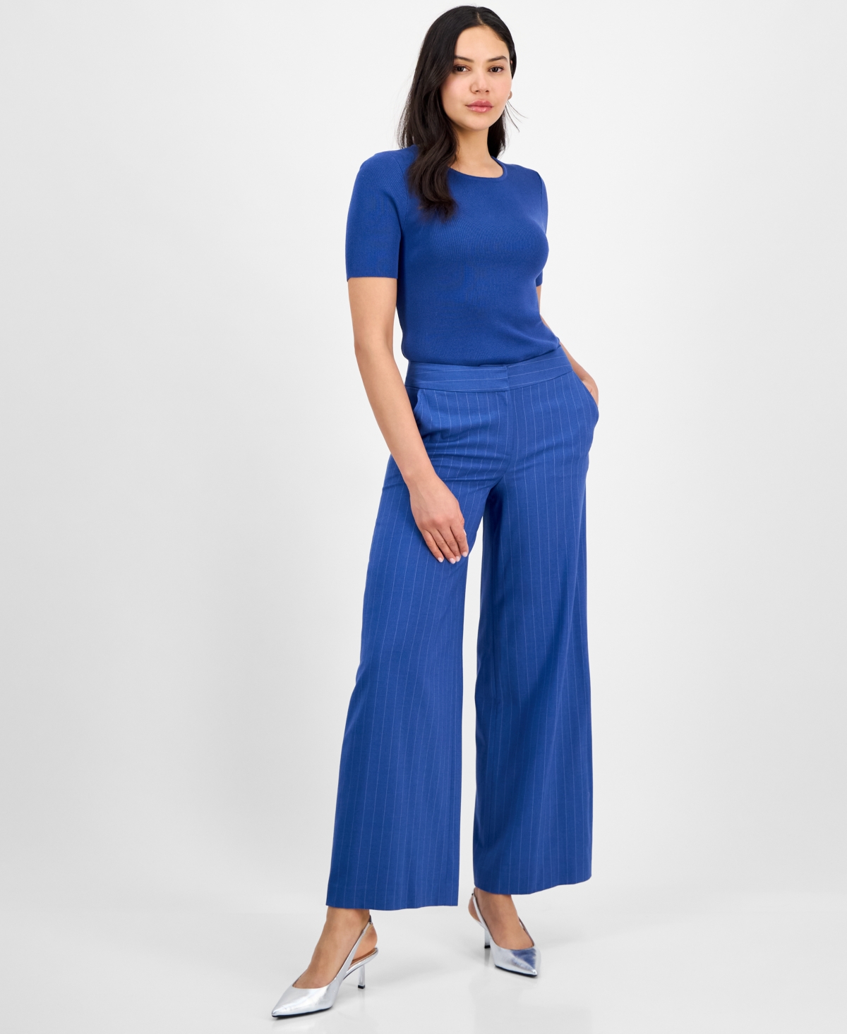 Women's Pinstripe Mid-Rise Wide-Leg Pants - Indigo