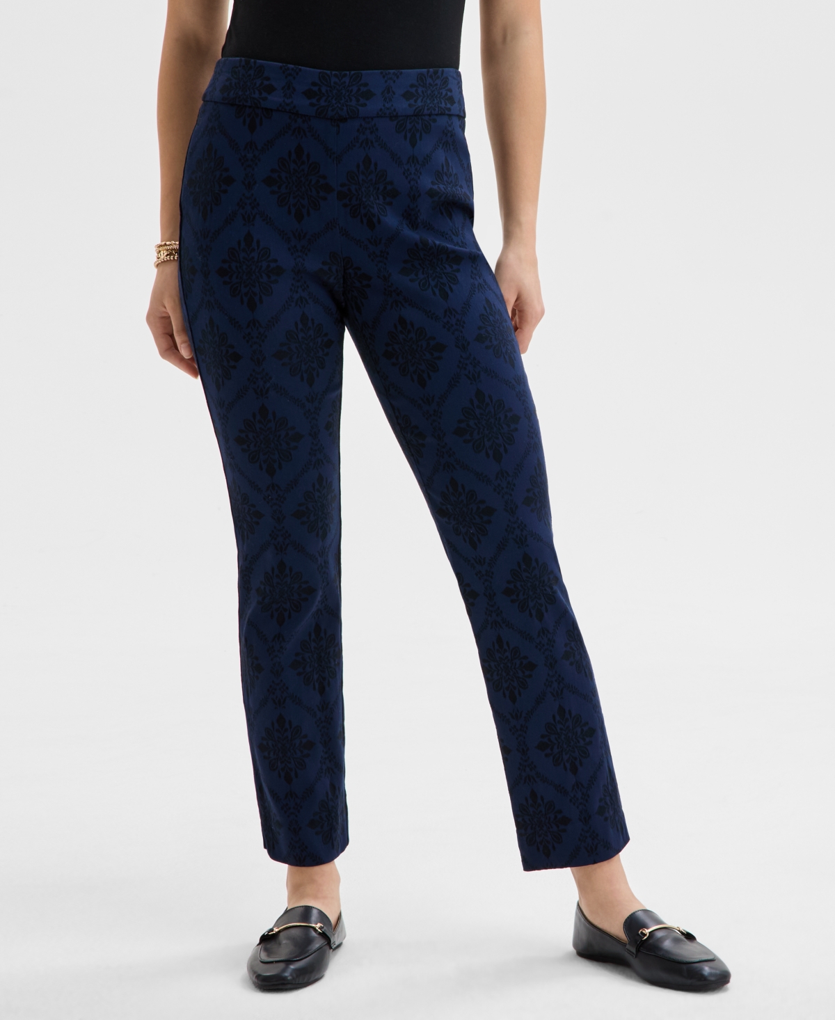 JM COLLECTION PETITE JACQUARD MEDALLION-PRINT PULL-ON PANTS, EXCLUSIVELY AT MACY'S 