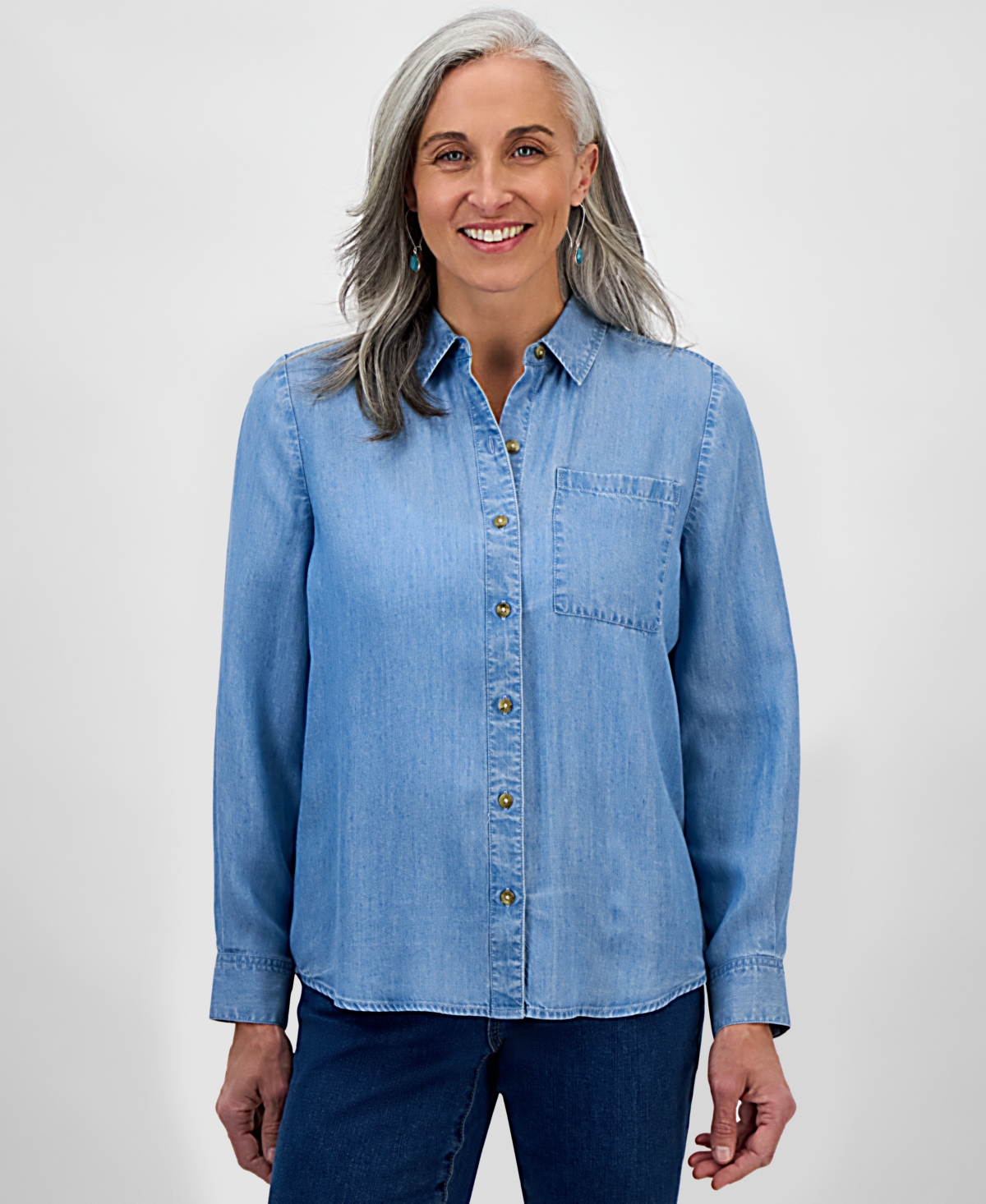 Petite Chambray Button-Down Perfect Shirt, Exclusively at Macy's - Anna Wash