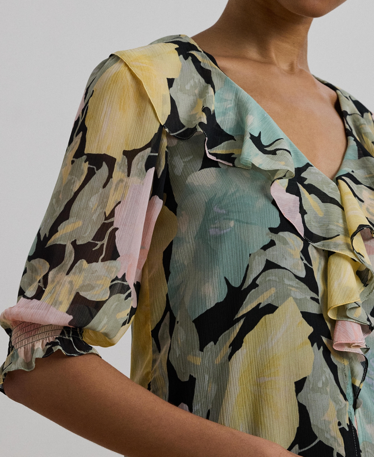 Shop Ralph Lauren Women's Floral Georgette Ruffle-trim Blouse, Regular & Petite In Black,pink,green