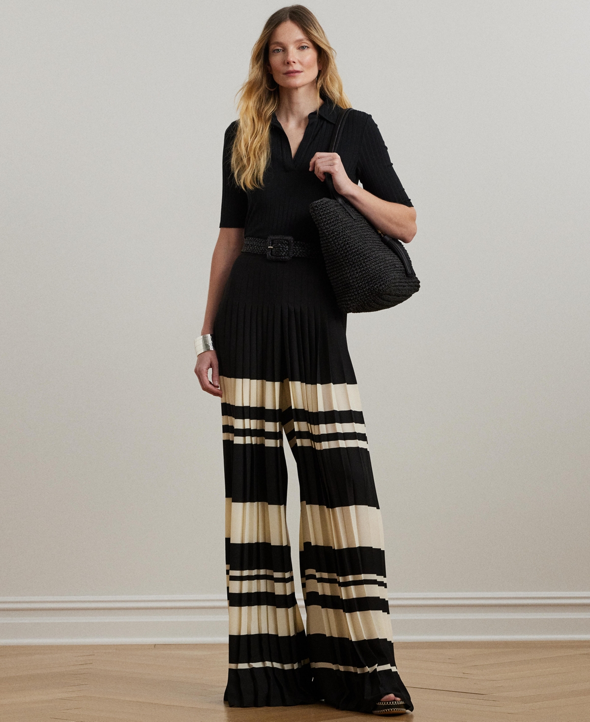 Women's Striped Pleated Georgette Wide-Leg Pants - Cream/Black