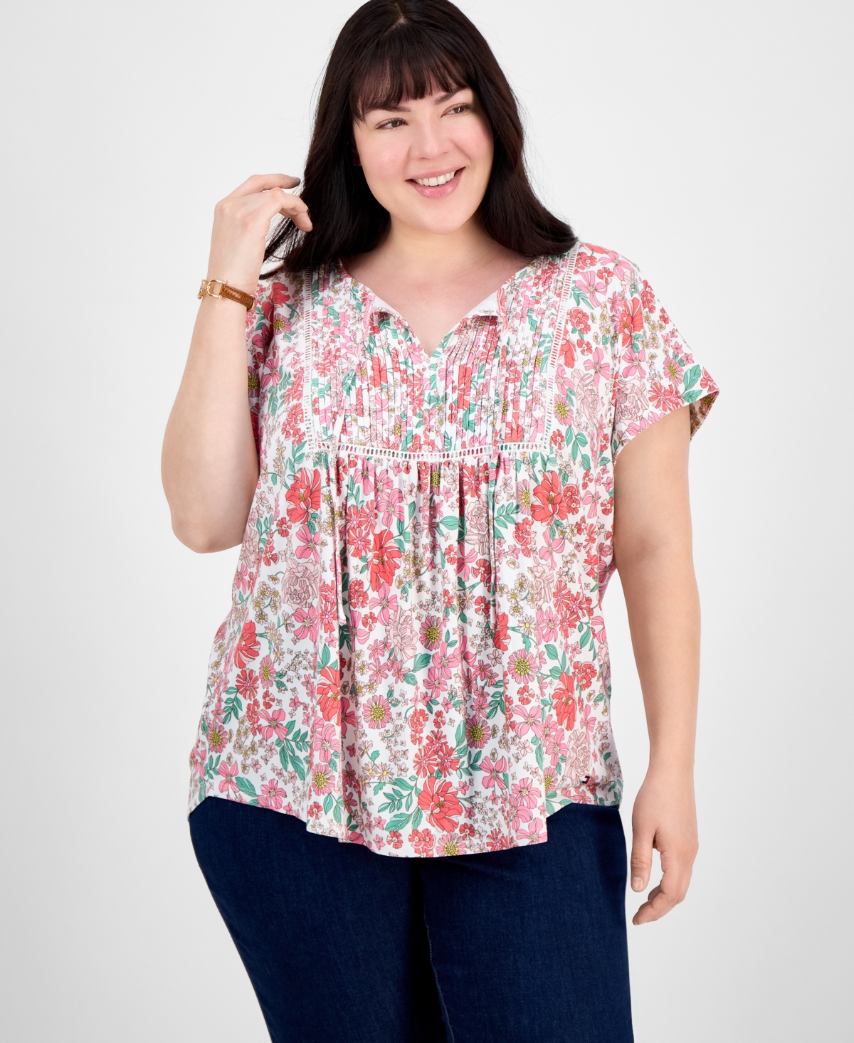 Tommy Hilfiger Plus Size Floral-print Pintucked Top, Exclusively At Macy's In Ivory Multi