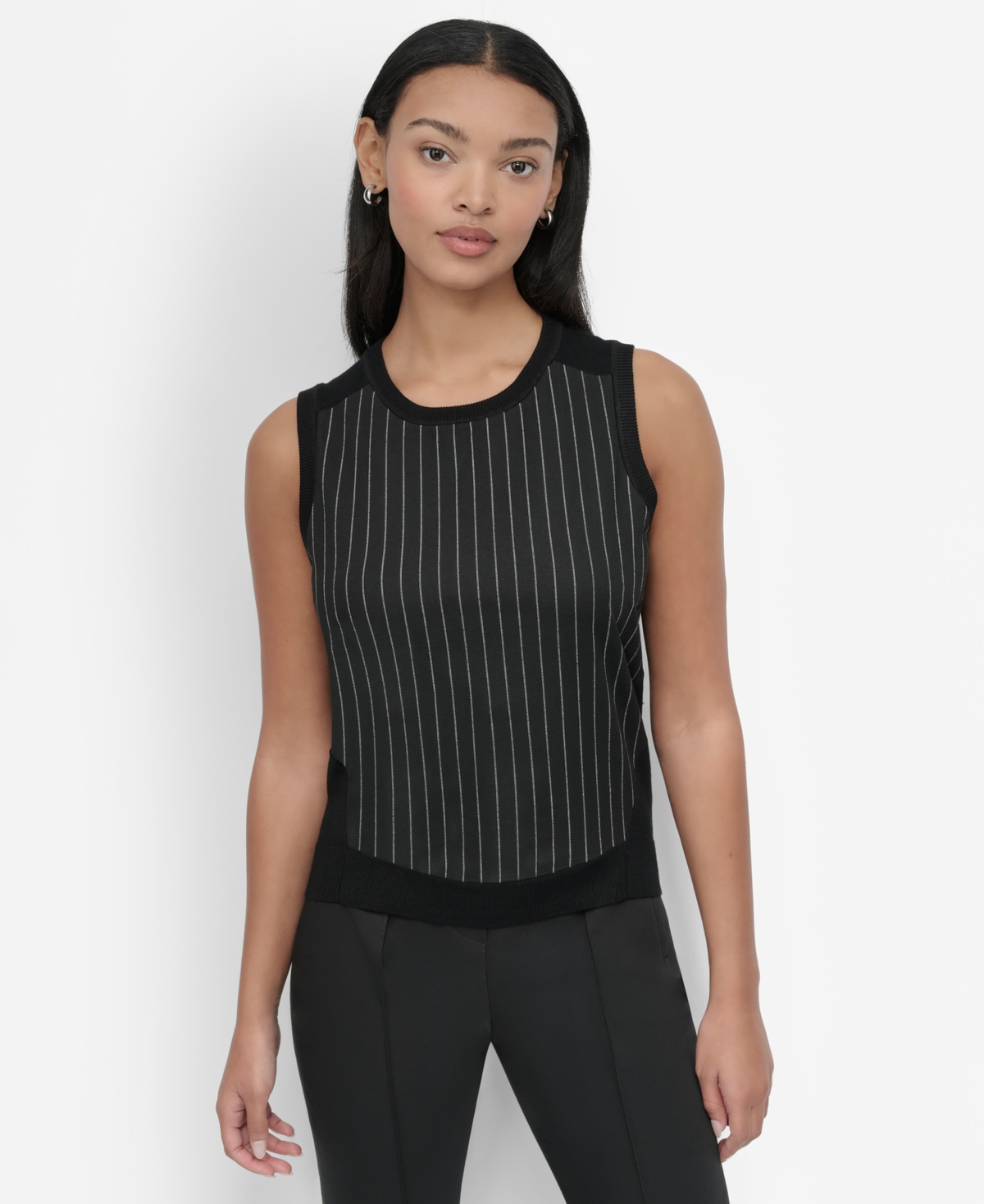 Petite Mixed Media Sleeveless Knit Top - Black/ Ivory Pinstripe