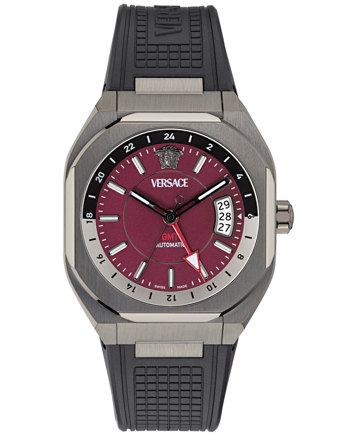 Versace Men's Swiss Automatic V-contempo Gmt Black Tpu Strap Watch 40x48mm In Gun