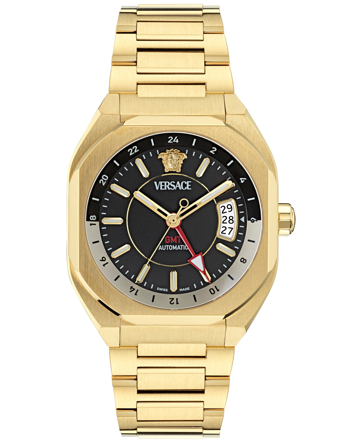 Versace Men's Swiss Automatic V-contempo Gmt Gold Ion Plated Bracelet Watch 40x48mm In Gold