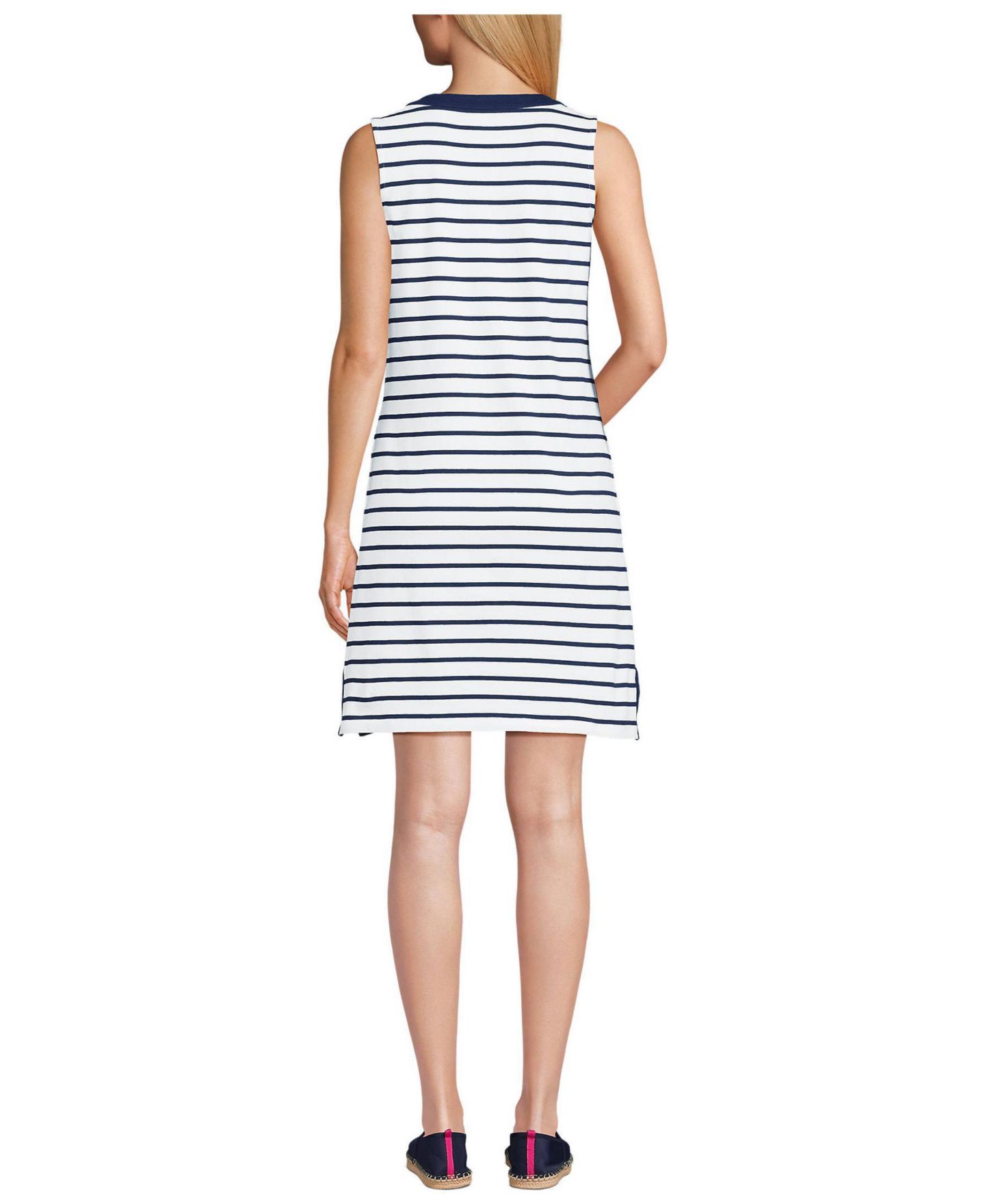 Женское платье Lands' End Tall Cotton Jersey Notch Neck, цвет: Тёмно-синий / Белый полосатый — фото 2
