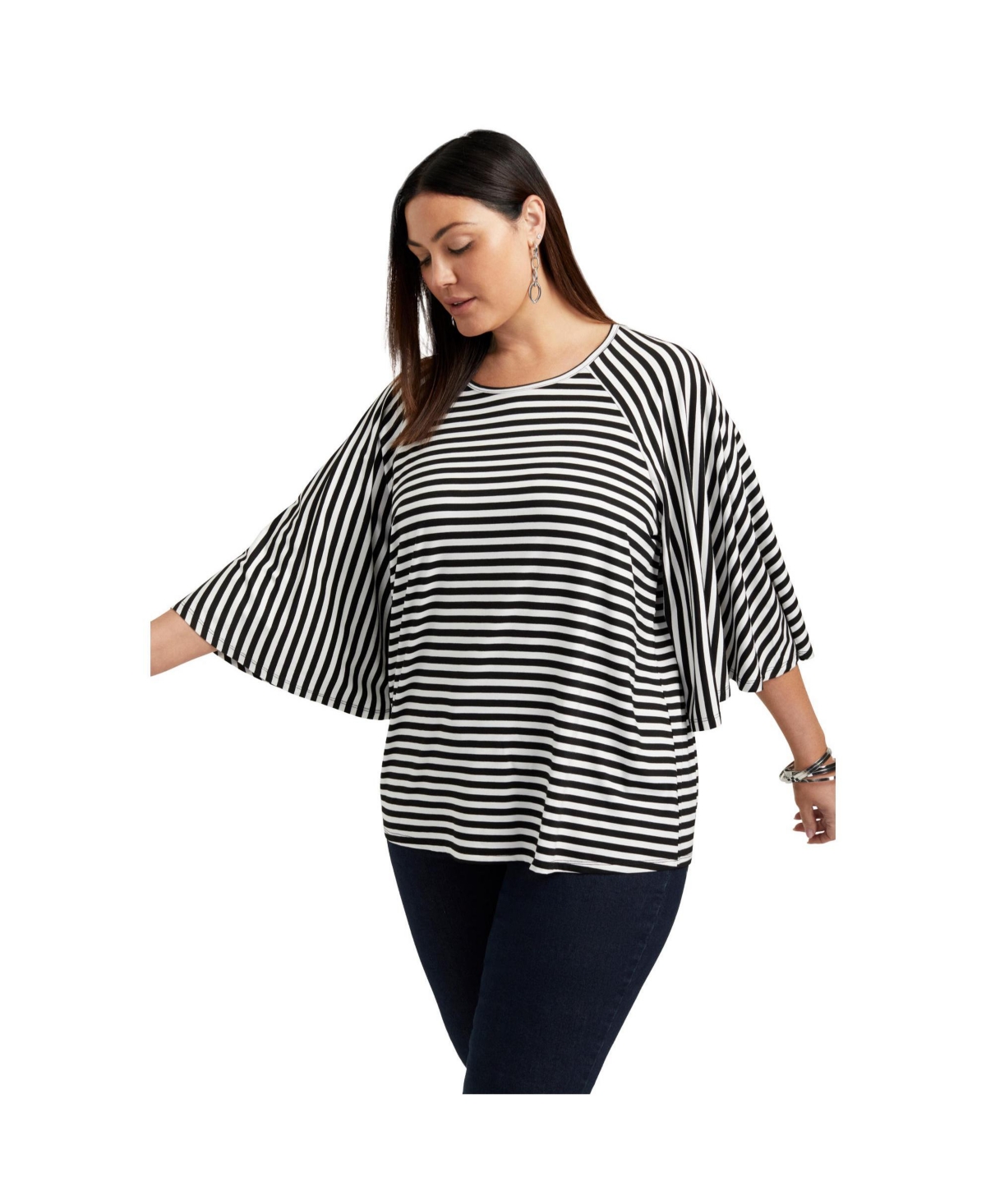 Plus Size June + Vie Flared Raglan Sleeve Breton Tee - Black white
