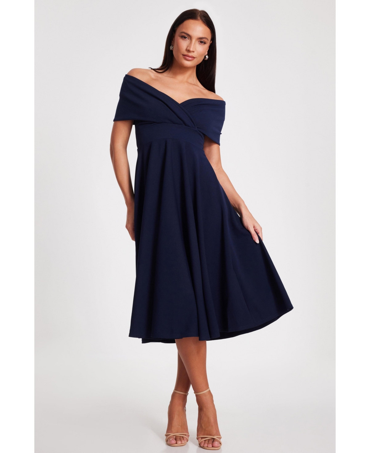 Women's Scuba Crepe Bardot Wrap Midi Skater Dress - Blush