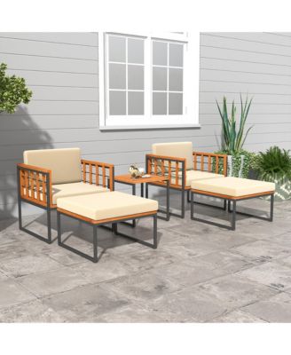 5 PCS Acacia Wood Patio Furniture Set w/ Ottomans Soft Cushions & Coffee Table