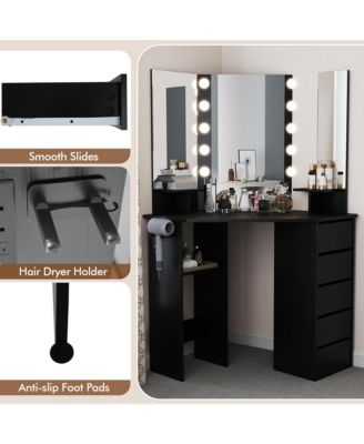 Corner Vanity Desk Cosmetic Vanity Station with LED Mirror,& Power Outlets