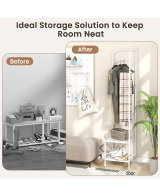 Corner Coat Rack with Top Hanger and 2 Mesh Shelves for Entryway, Hallway, Living Room, or Bedroom Storage