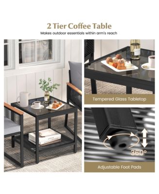 3 PCS Patio Furniture Set PE Rattan Wicker Chairs w/ 2 Tier Coffee Table Soft Back