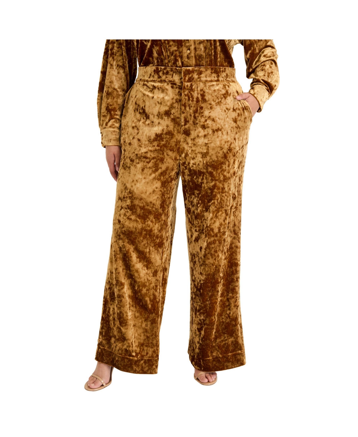 Plus Size June + Vie Crushed Velvet Wide-Leg Pant - Nugget gold