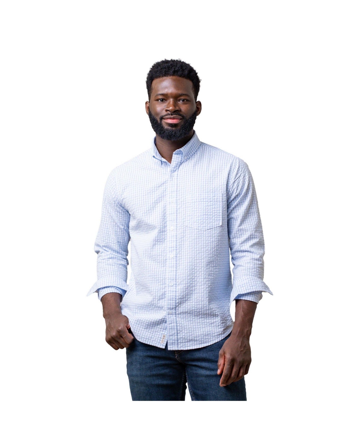Men's Organic Cotton Seersucker Button Down Shirt - Classic blue gingham