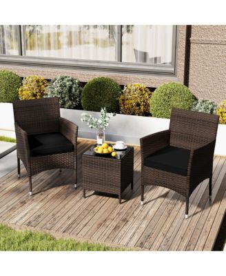 3 PCS Outdoor Conversation Set with Cushioned Seat & Tempered Glass Tabletop