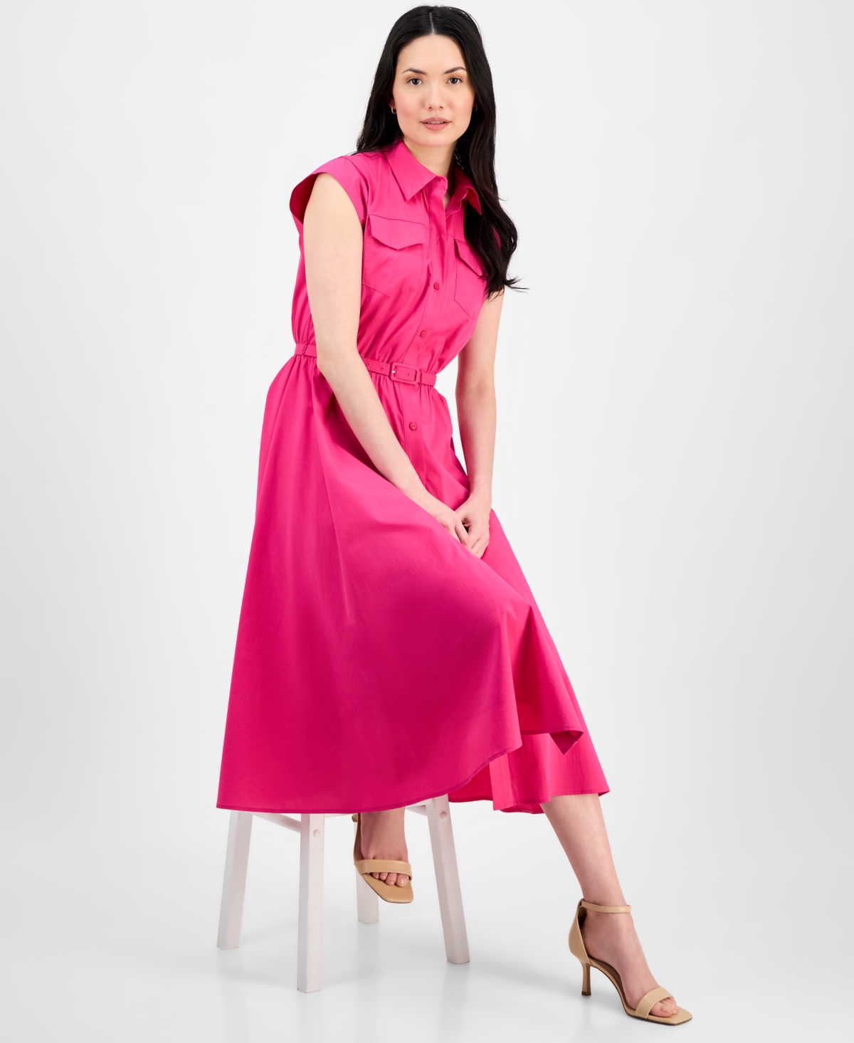 T Tahari Women's Spread-collar Button-front Midi Dress In Tulip Pink