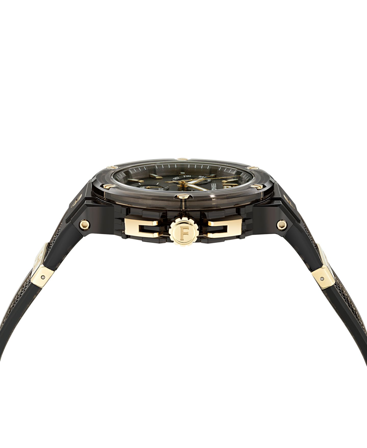 Мужские часы Ferragamo Swiss Chronograph F-80 Translucent Black Polyurethane Strap Watch 44mm — фото 2