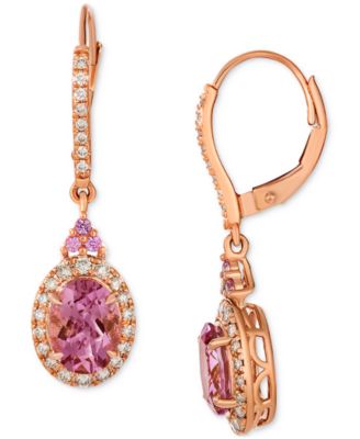 Passion Fruit Tourmaline (2 ct. t.w.), Bubble Gum Pink Sapphire (1/10 ct. t.w.), & Nude Diamond (3/8 ct. t.w.) Halo Leverback Drop Earrings in 14k Rose Gold