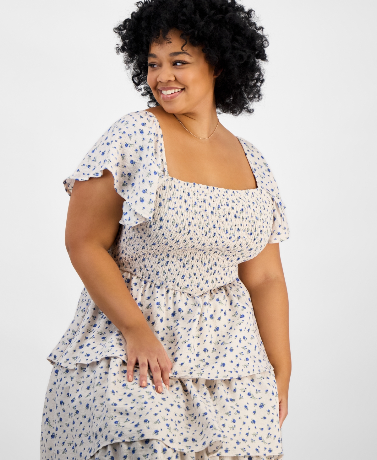 And Now This Trendy Plus Size Tiered Floral Maxi Dress, Exclusively At Macy's In Cream Blue Floral