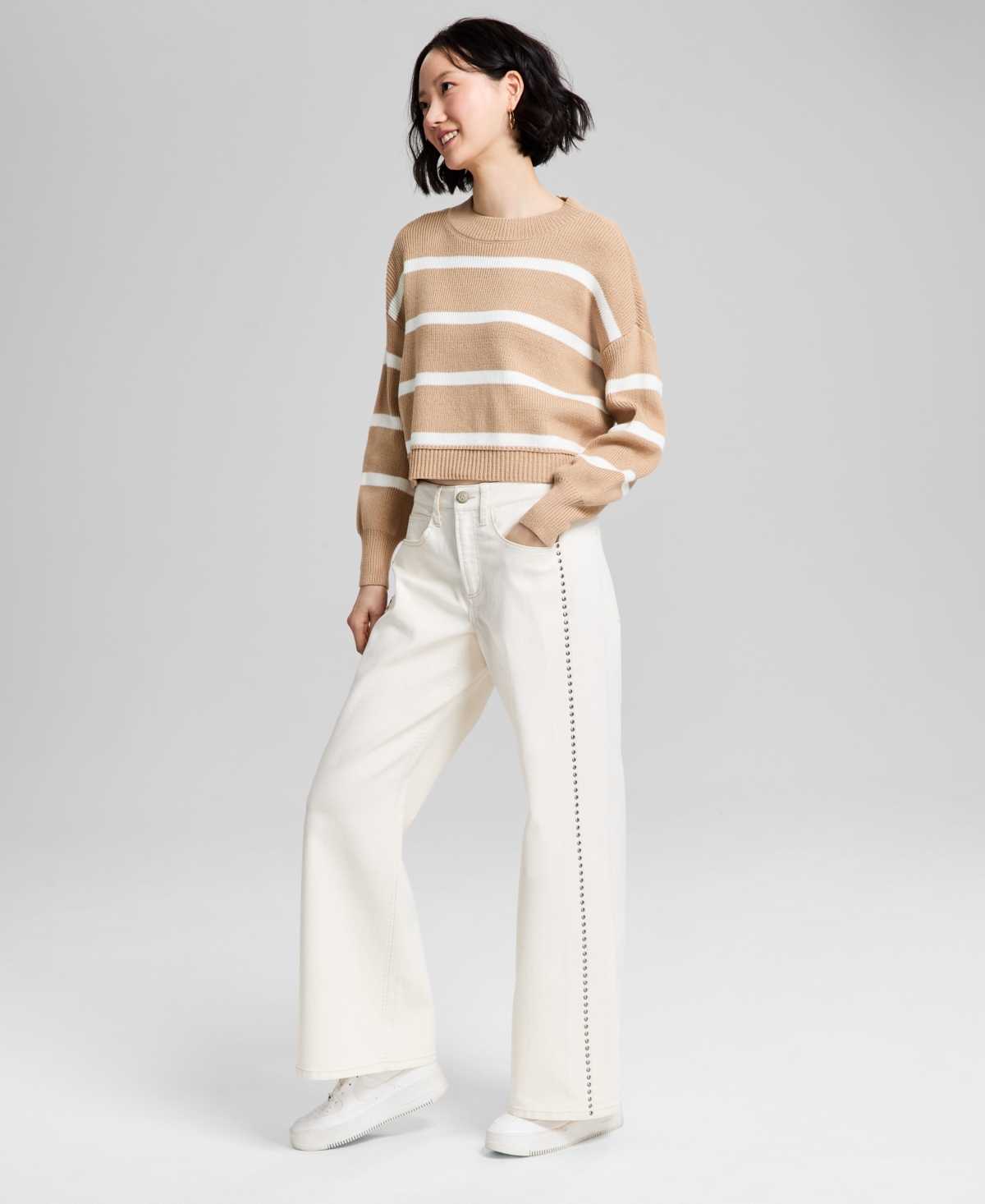And Now This Women's Studded Wide-leg Jeans, Exclusively At Macy's In Macadamia
