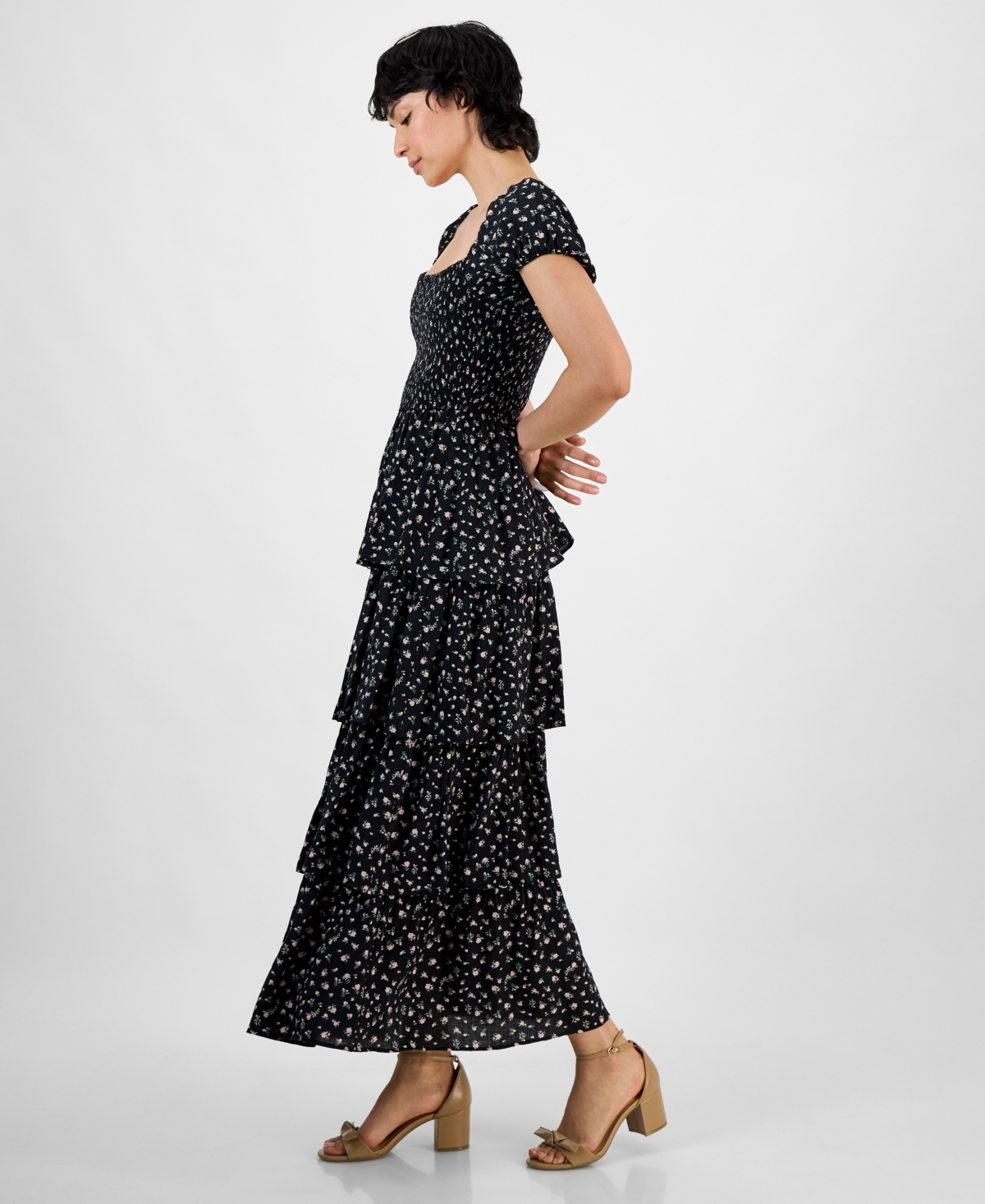 And Now This Trendy Plus Size Tiered Floral Maxi Dress, Exclusively At Macy's In Black,peach Floral