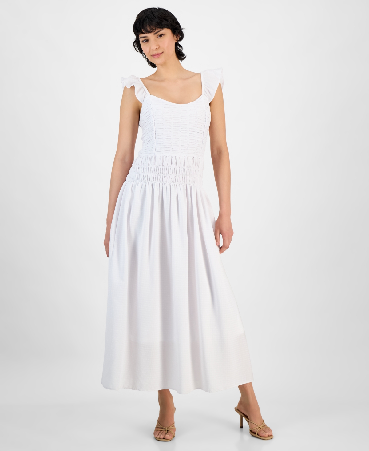 Women's Flutter-Sleeve Smocked Midi Dress, Exclusively at Macy's - White