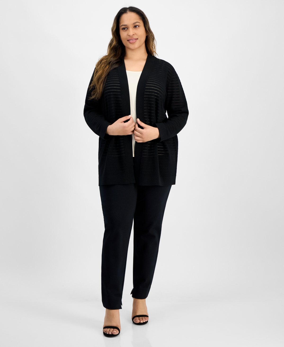 ANNE KLEIN PLUS SIZE SHADOW-STRIPED OPEN-FRONT CARDIGAN 