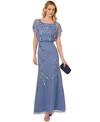 slate blue wedding guest dress EVERPRETTY Elegant Winter V-Neck Embroidered Ruffle Sleeve Pleated Chiffon Bridesmaid Dress, Dress, Semi-Formal Evening Gown, New Year Spring The elegant sleeves and neckline make for a classic yet modern look Blue Long Sleeve V-Neck Micro
