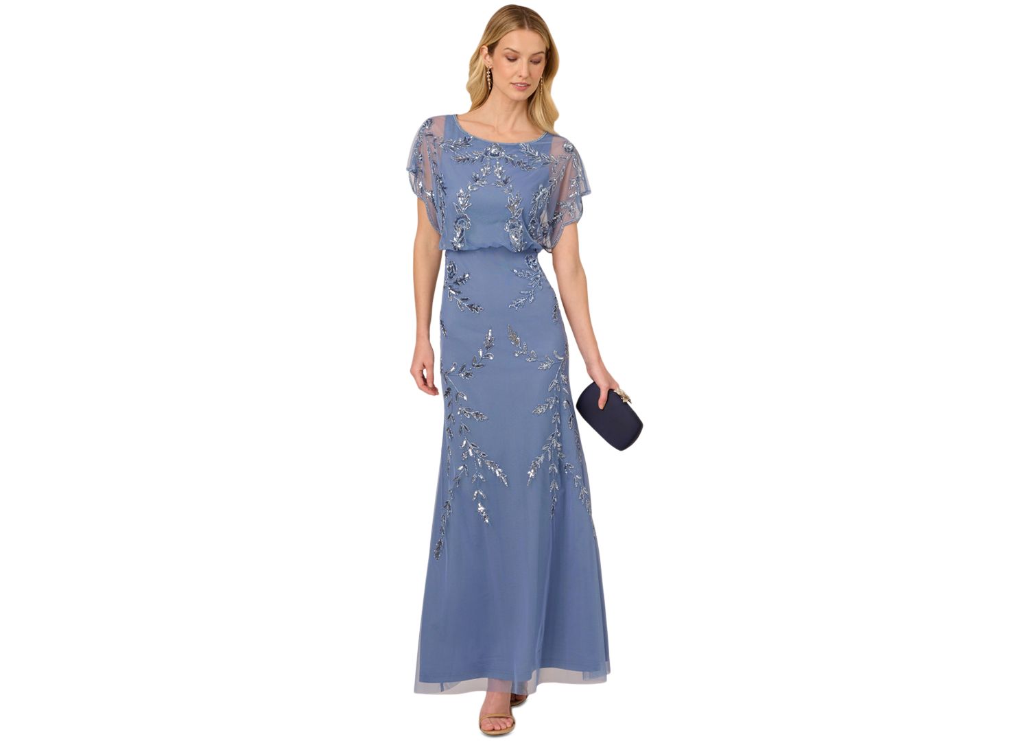 Women's Beaded Flutter-Sleeve Blouson Gown
