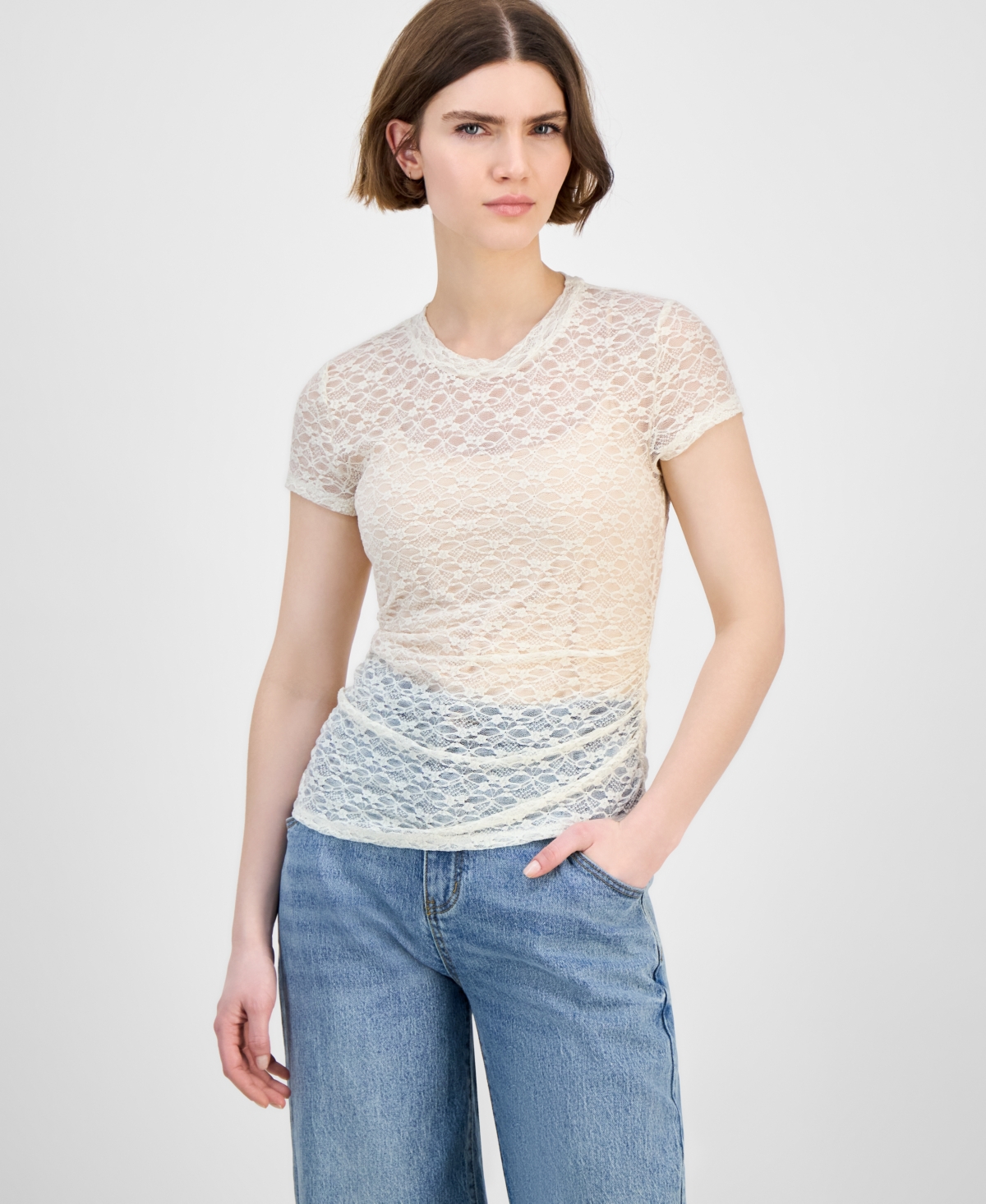 Bar Iii Women's Lace Short-sleeve Crewneck Tee, Exclusively At Macy's