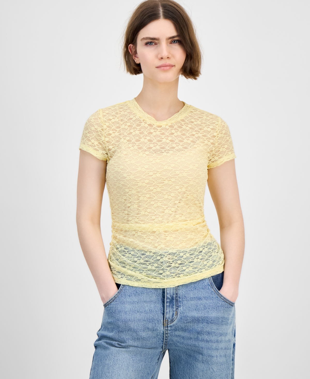 Bar Iii Women's Lace Short-sleeve Crewneck Tee, Exclusively At Macy's