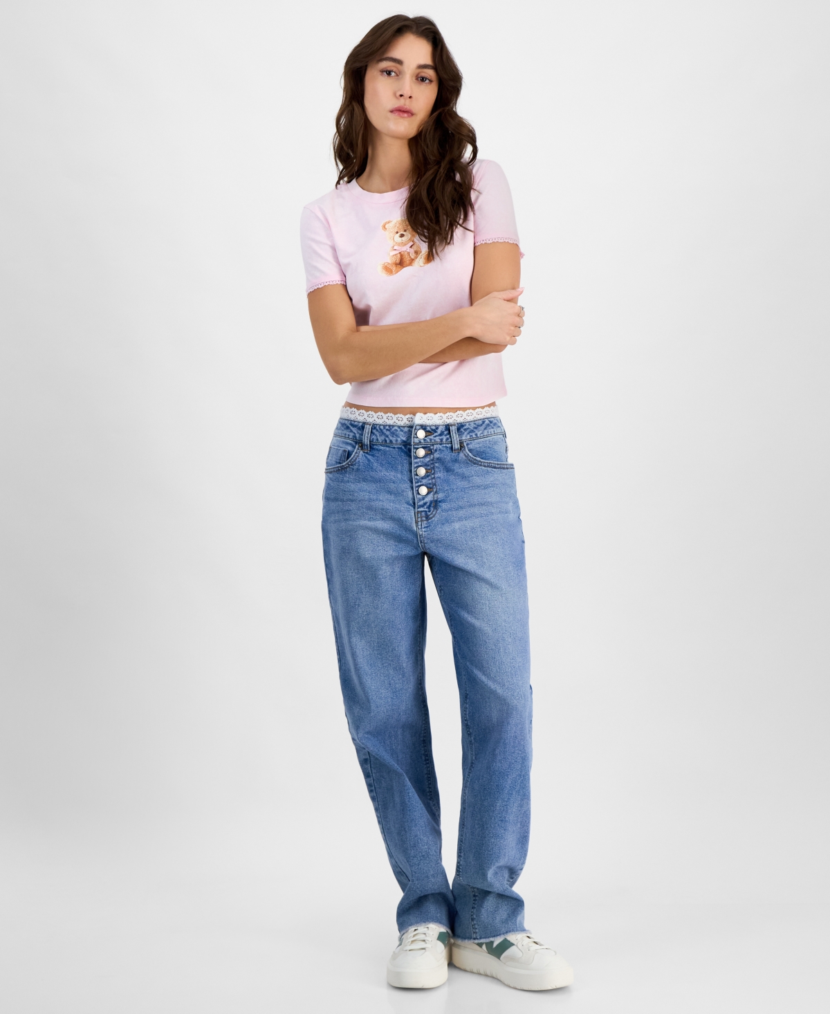 TINSELTOWN JUNIORS' HIGH-RISE LACE-TRIM BOYFRIEND JEANS 