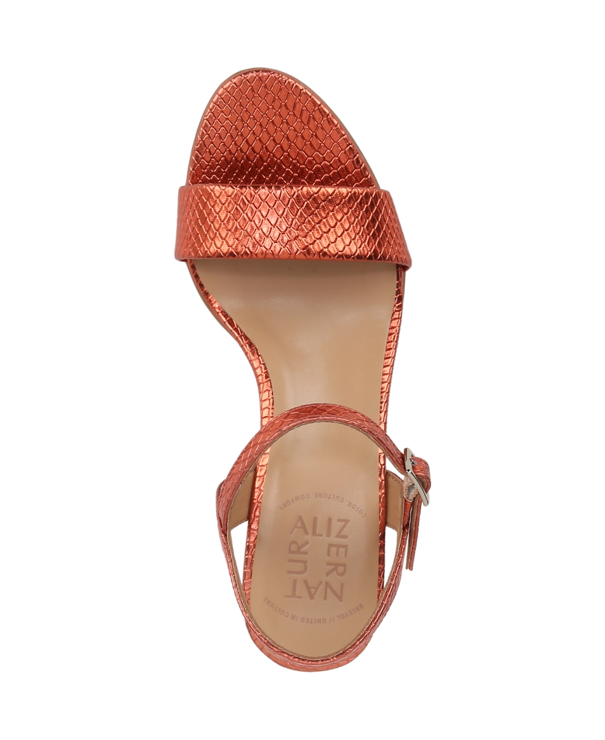 Naturalizer Bristol Block Heel Ankle Strap Sandal In Orange Metallic Snake Embossed Faux Leat